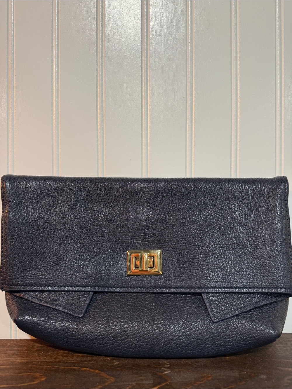 GiGi New York Navy Pebbled Leather Clutch Bag with Gold Hardware
